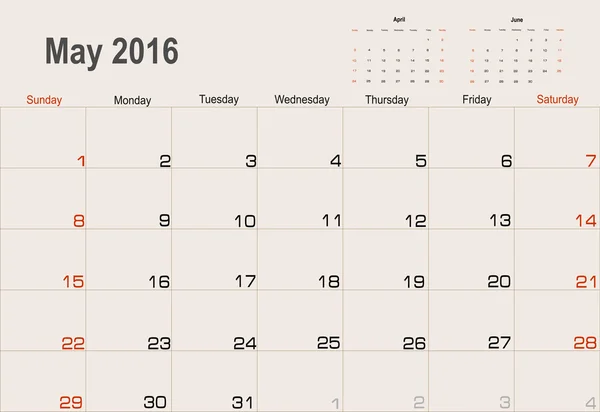 Pianificatore calendario maggio 2016 — Vettoriale Stock