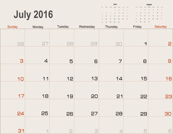 Calendario de julio 2016 Planificador — Vector de stock