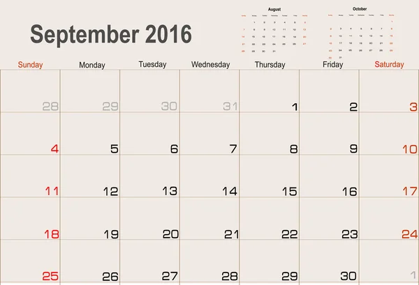 Planificador de calendario de septiembre 2016 — Vector de stock