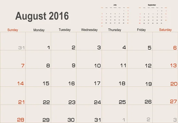 Ağustos takvim planlayıcısı 2016 — Stok Vektör