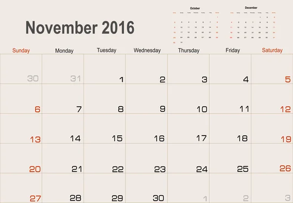 Planificador de calendario de noviembre 2016 — Archivo Imágenes Vectoriales