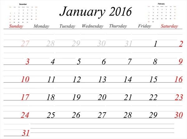 Calendrier de janvier Planificateur 2016 — Image vectorielle