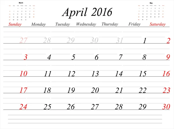 Calendario di aprile Planner 2016 — Vettoriale Stock