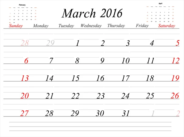 Calendario di marzo Planner 2016 — Vettoriale Stock