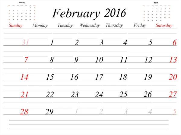 Calendario di febbraio Planner 2016 — Vettoriale Stock