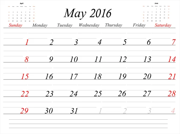 Planificador de calendario de mayo 2016 — Vector de stock