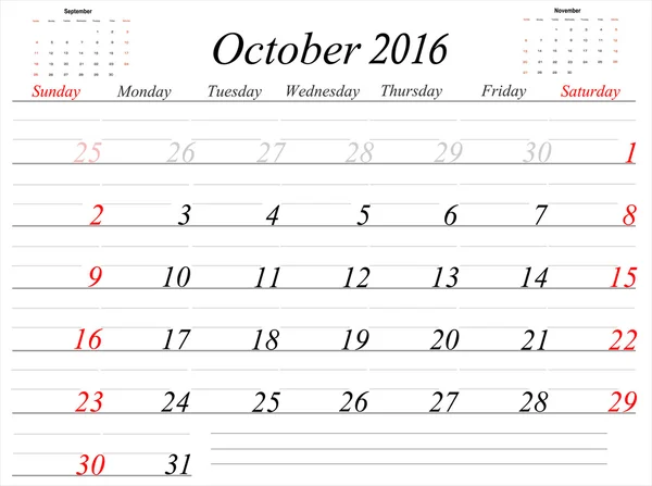 Calendrier d'octobre Planificateur 2016 — Image vectorielle