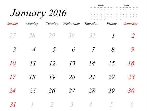 Οργάνωση ημερολόγιο Ιανουάριο 2016 — Διανυσματικό Αρχείο