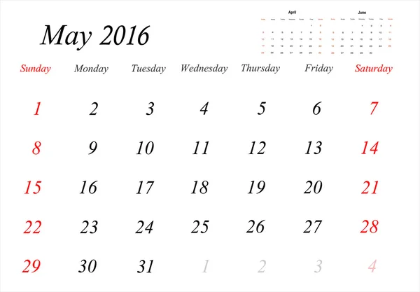 Planificador de calendario de mayo 2016 — Vector de stock