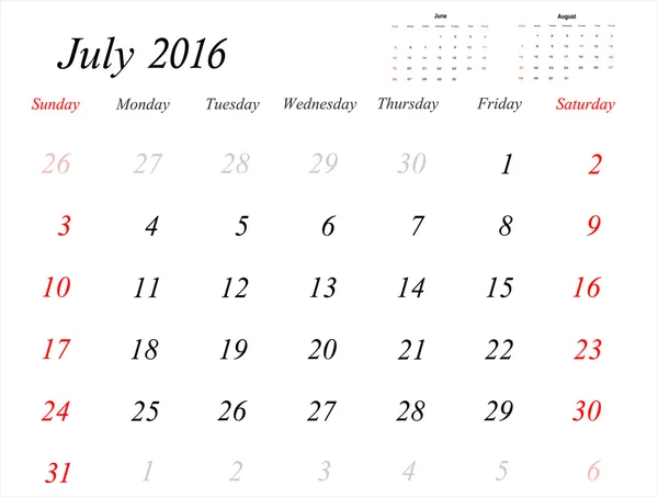 Planejador do calendário de julho 2016 — Vetor de Stock
