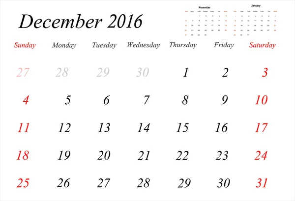 Δεκεμβρίου ημερολόγιο Planner 2016 — Διανυσματικό Αρχείο