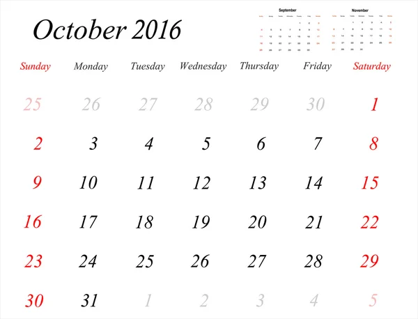Οκτωβρίου ημερολόγιο Planner 2016 — Διανυσματικό Αρχείο