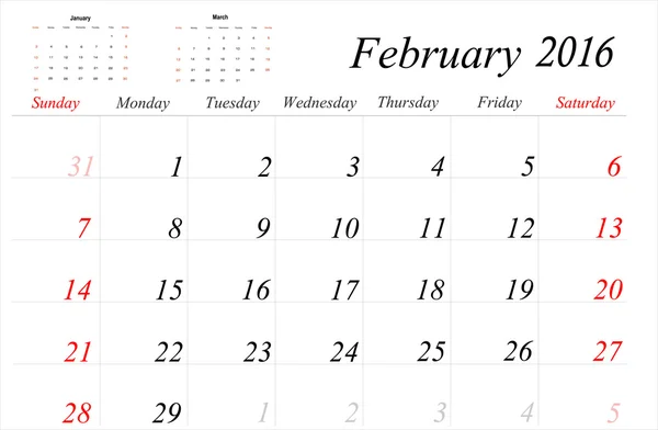 Februari kalender Planner 2016 — Stockvector
