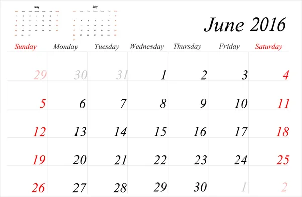 Planificador de calendario de junio 2016 — Vector de stock