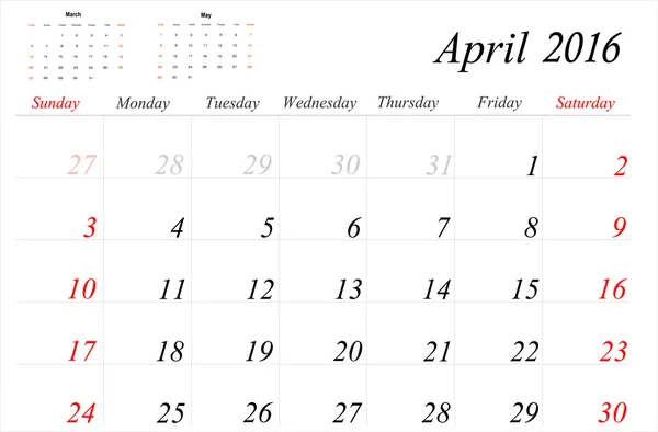 Calendario de abril 2016 Planificador — Vector de stock
