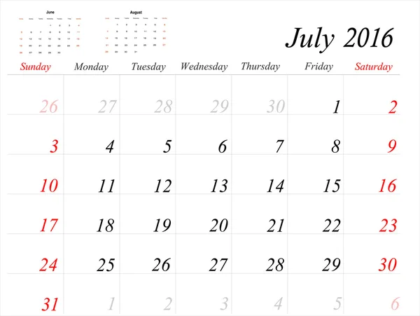Calendrier de juillet Planificateur 2016 — Image vectorielle