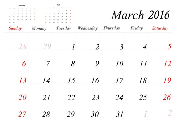 Calendario di marzo Planner 2016 — Vettoriale Stock