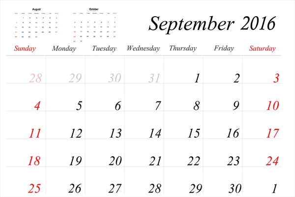 Septembre Agenda Planificateur 2016 — Image vectorielle