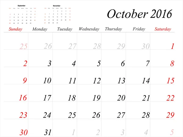 Οκτωβρίου ημερολόγιο Planner 2016 — Διανυσματικό Αρχείο