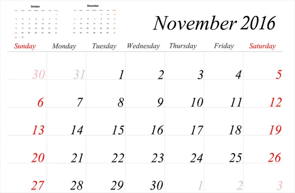 Planificador de calendario de noviembre 2016 — Archivo Imágenes Vectoriales
