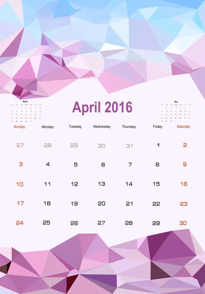 Календарь на апрель 2016 года — стоковый вектор