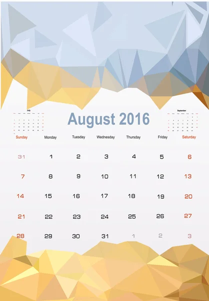 August calendar planner  2016 — Stock Vector