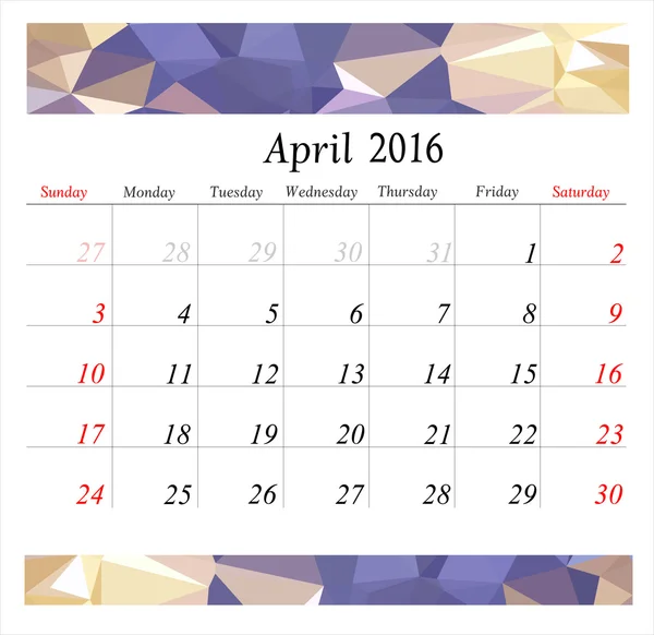 April calendar planner  2016 — Stock Vector