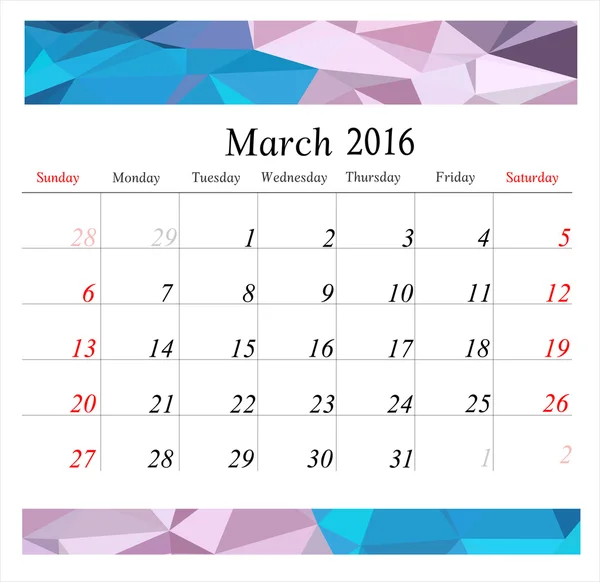 Calendario di marzo Planner 2016 — Vettoriale Stock