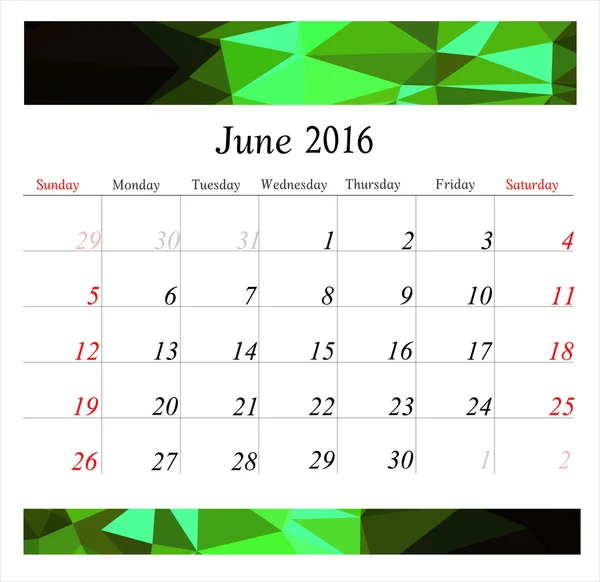 June calendar planner  2016 — Stock Vector