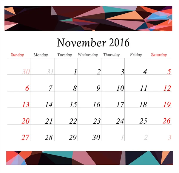 Planificador de calendario de noviembre 2016 — Archivo Imágenes Vectoriales