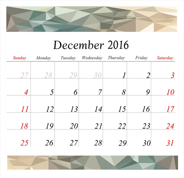 Calendario di dicembre Planner 2016 — Vettoriale Stock