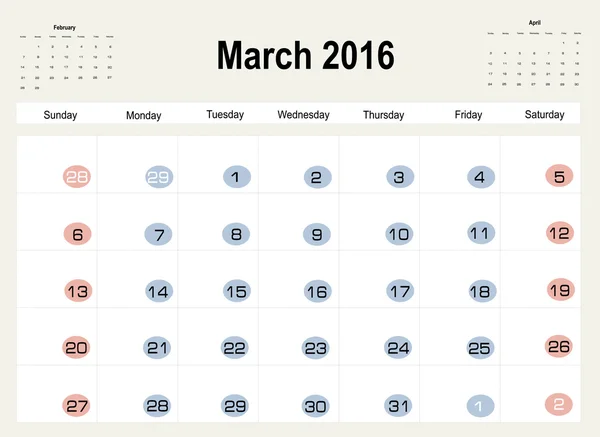 Planungskalender März 2016 — Stockvektor