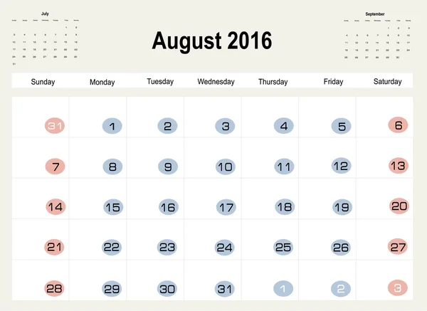 Kalender van augustus 2016 plan — Stockvector