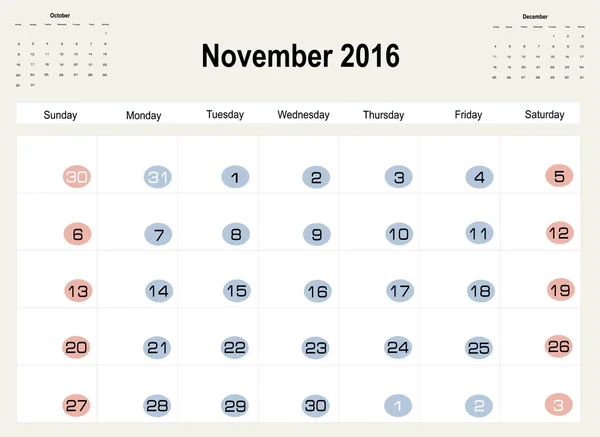 Calendario de planificación noviembre 2016 — Archivo Imágenes Vectoriales