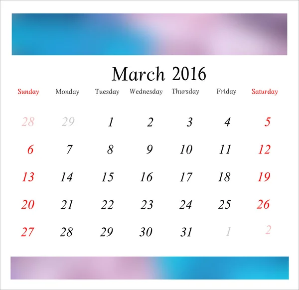 Calendario marzo 2016 — Vettoriale Stock