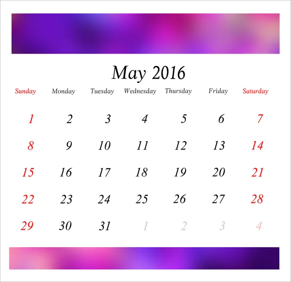 Календарь Май 2016 — стоковый вектор