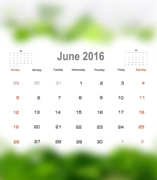 Календарь Июнь 2016 — стоковый вектор