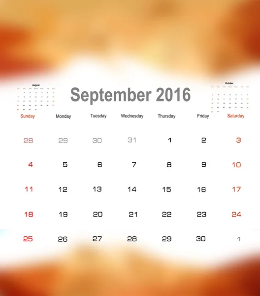 Calendrier Septembre 2016 — Image vectorielle