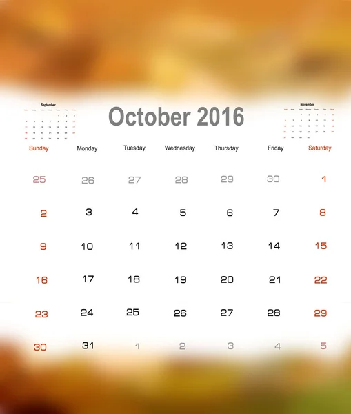 Kalendarz października 2016 — Wektor stockowy