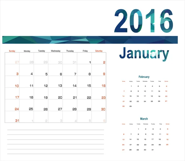 Pianificatore calendario gennaio 2016 — Vettoriale Stock