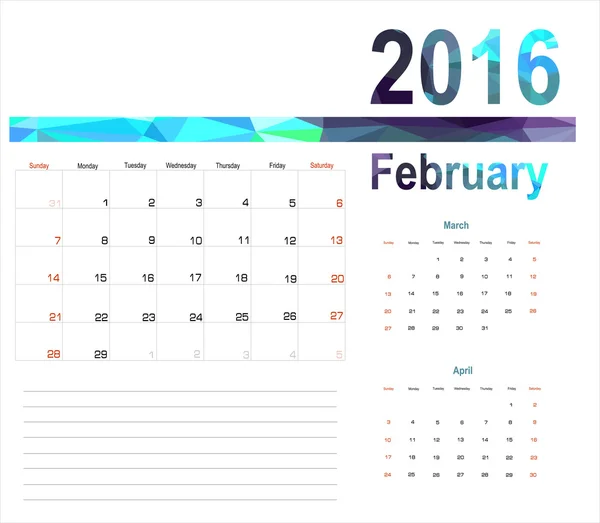 Planejador do calendário de fevereiro 2016 — Vetor de Stock