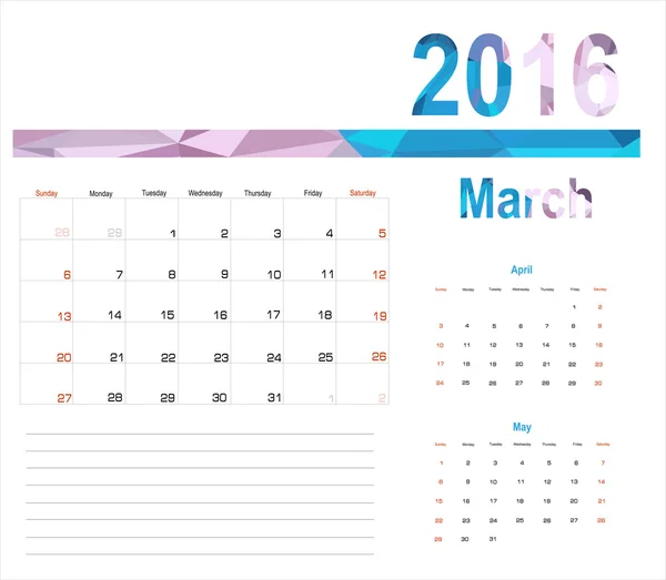 3 月カレンダー プランナー 2016 — ストックベクタ