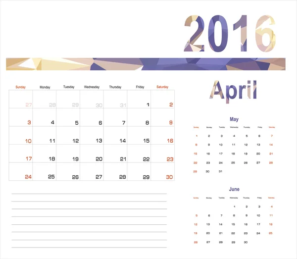 Planejador do calendário de abril 2016 — Vetor de Stock