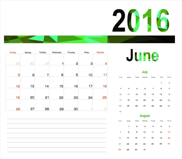 Календарь на июнь 2016 года — стоковый вектор