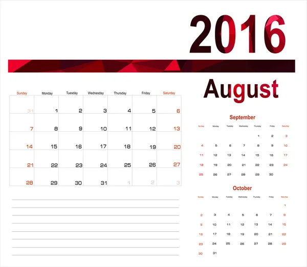 Augustus agenda Planner 2016 — Stockvector