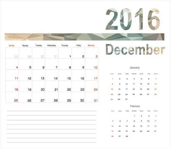 Calendario di dicembre Planner 2016 — Vettoriale Stock