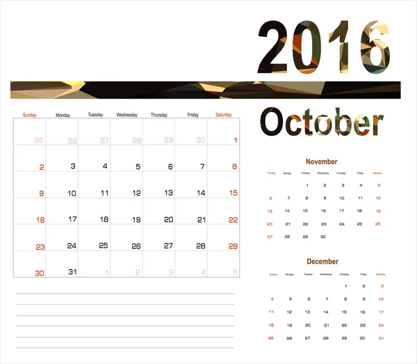 Pianificatore calendario ottobre 2016 — Vettoriale Stock