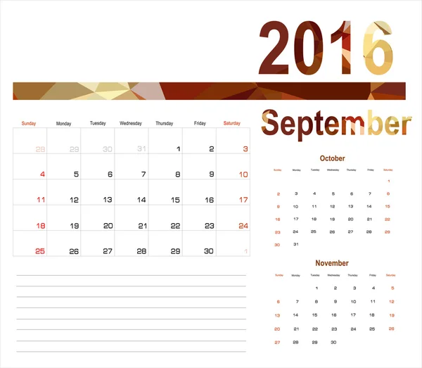 September kalender Planner 2016 — Stockvector