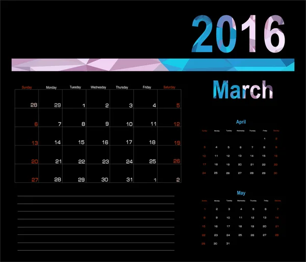 Мартовский календарь на 2016 год — стоковый вектор
