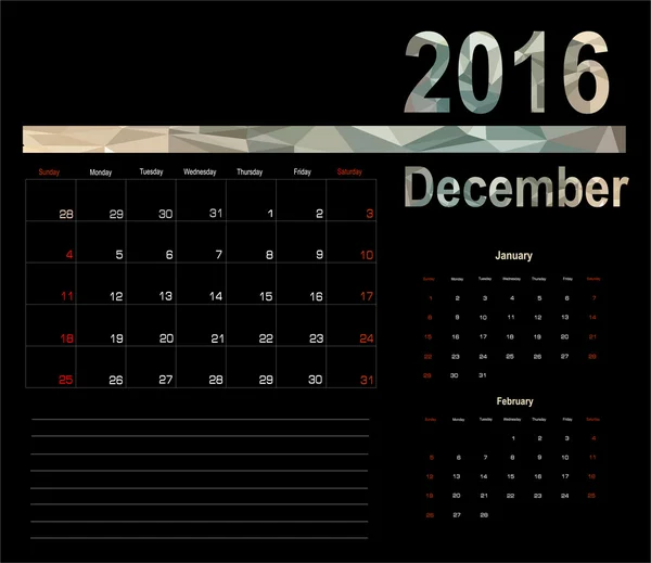 Calendário de dezembro Planner 2016 — Vetor de Stock